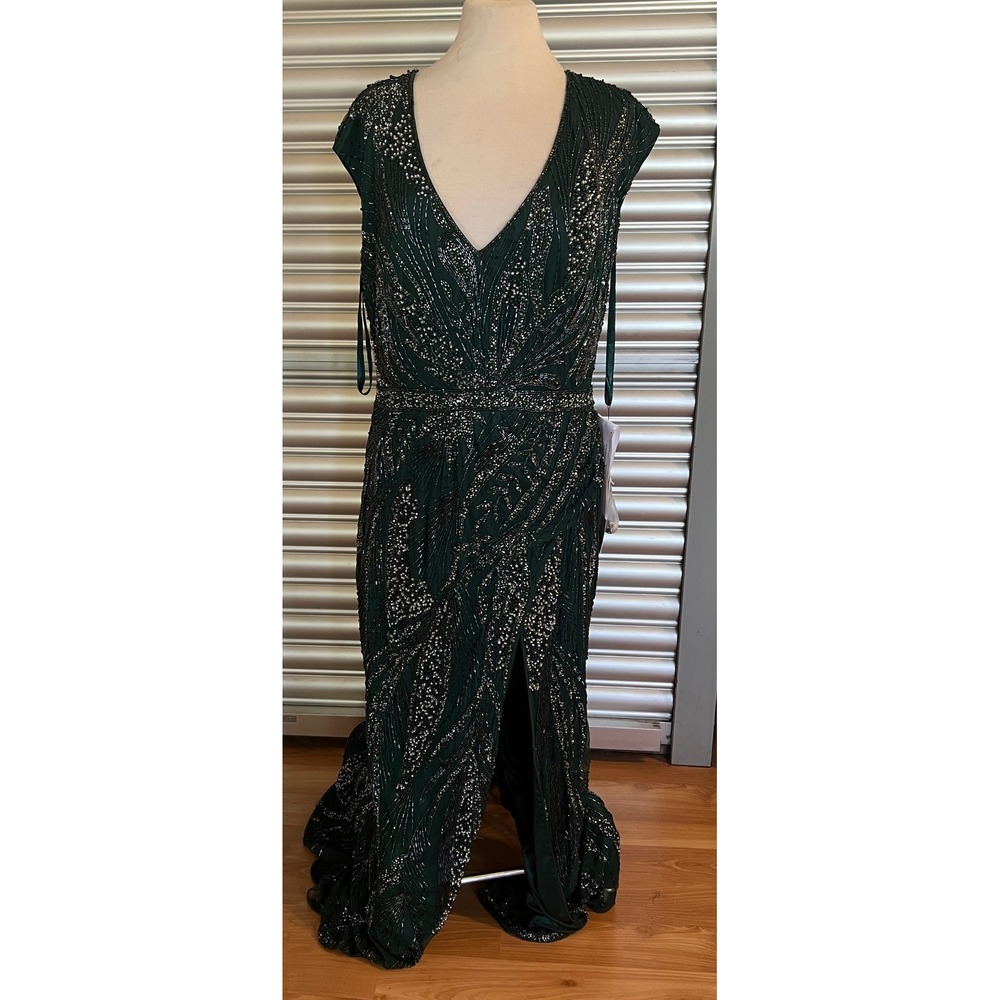 Mac Duggal 5227 Cap Gown Bottle Green Beaded Sequin Formal Evening Dress 16